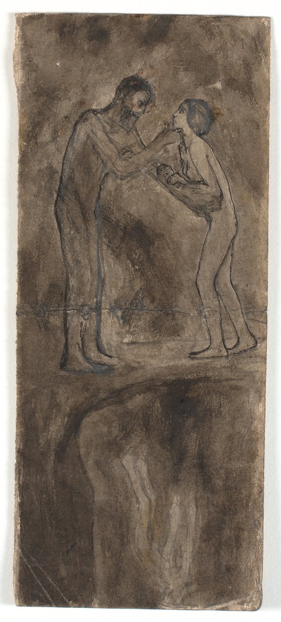 Kompositionsskizze, nackter Mann und Frau mit Kind. Am unteren Rand, auf dem Kopf stehend, nackte Figur von Karl Isakson