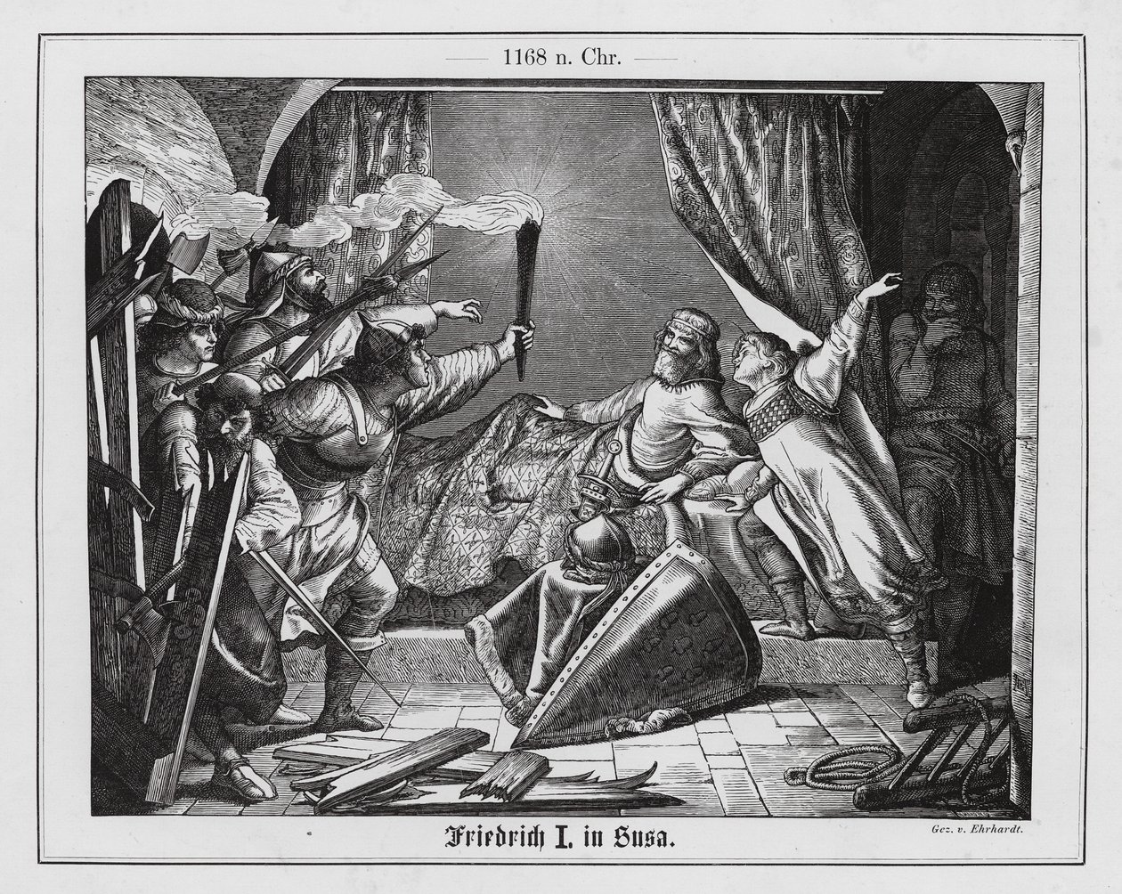 Hartmann von Siebenich verkleidet als Friedrich Barbarossa, um dem Kaiser die Flucht aus Susa, Italien, zu ermöglichen von Karl Ludwig Adolf Ehrhardt