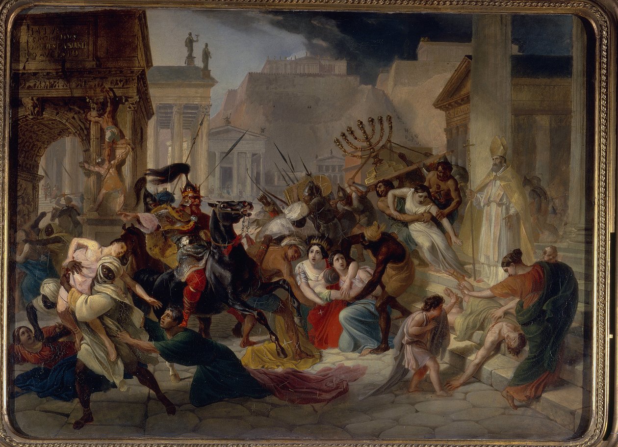 Plünderung Roms im Jahr 455: Genseric (oder Geiseric) (um 399-477) und die Vandalen erobern Rom. Sie plündern die Stadt und nehmen die Menora mit. Gemälde von Karl Pavlovich Briullov (Brioullov) (1799-1852) von Karl Pavlovich Bryullov