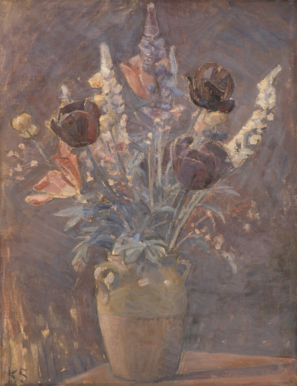 Tonvase mit Tulpen und anderen Blumen von Karl Schou