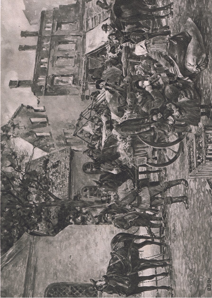Ostpreußische Flüchtlinge kehren nach Hause zurück, Rast auf dem Marktplatz in Tapiau, Illustration aus Hindenburg von Karl Storch