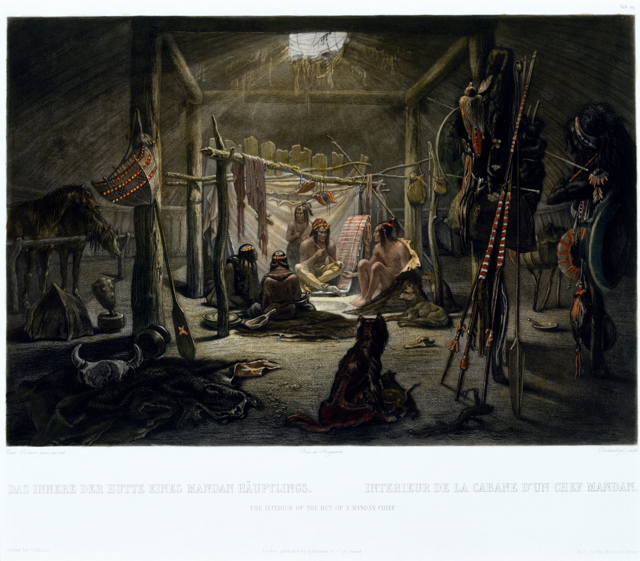 Das Innere der Hütte eines Mandan-Häuptlings, graviert von Narcisse Edmond Desmadryl, ca. 1835 von Karl after Bodmer
