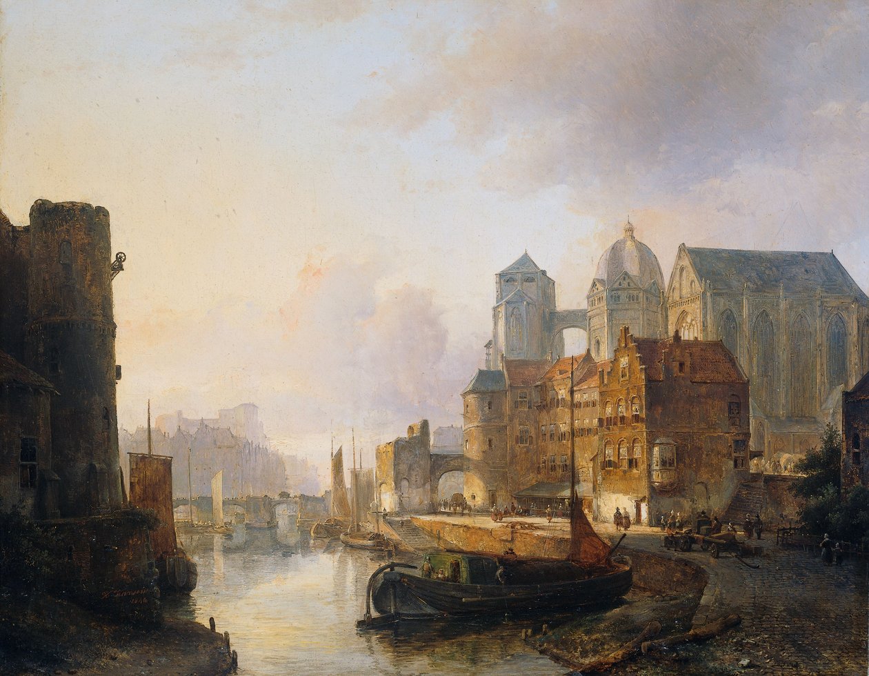 Imaginäre Ansicht einer Flussstadt mit dem Aachener Dom von Kaspar Karsen