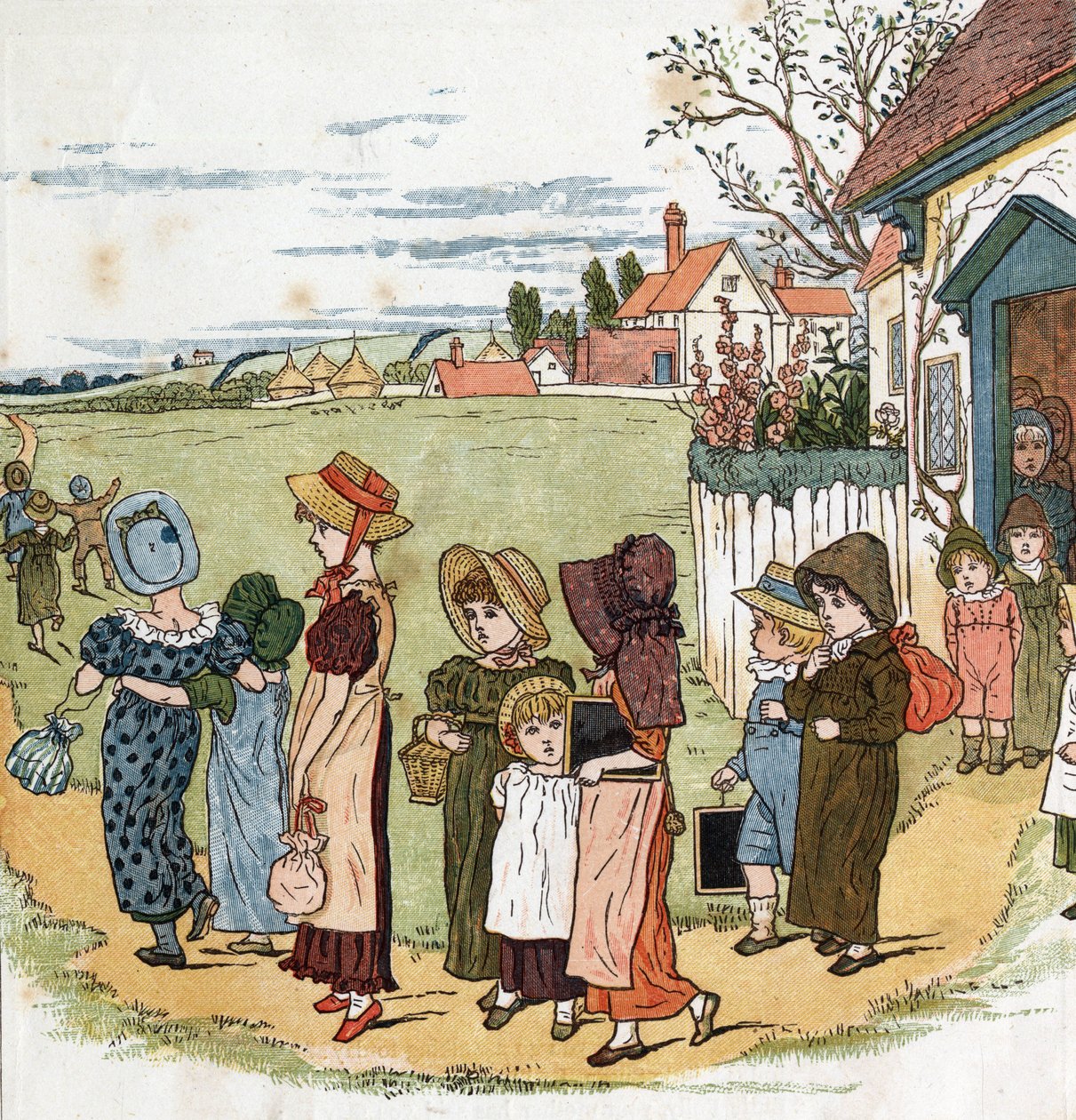Nach der Schule. Illustration von Kate Greenaway aus dem Buch der Geschichten und Kinderreime „Under The Window“ (1879), herausgegeben von Edmund Evans. von Kate Greenaway