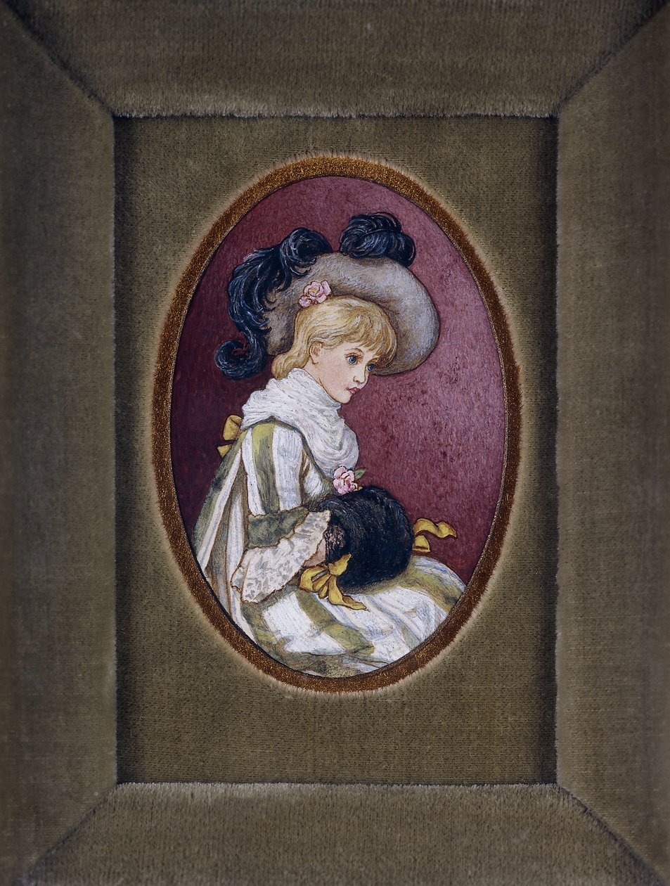 Ovales Porträt eines blonden Mädchens mit einem Federhut und den Händen in einem Muff von Kate Greenaway