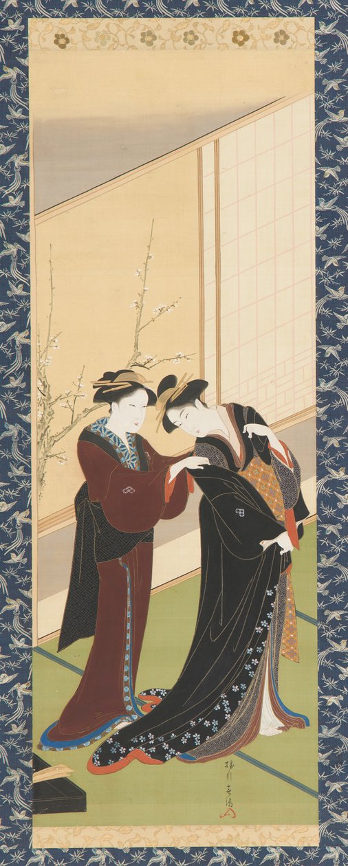 Innenraum: eine Frau hilft einem Mädchen beim Anziehen, Edo-Periode, 1726-1792 von Katsukawa Shuncho