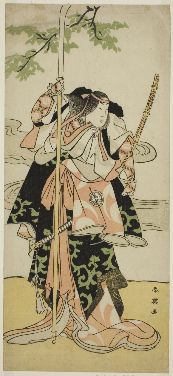 Der Schauspieler Segawa Kikunojo III als Lady Tomoe (Tomoe Gozen) im Stück Yasa Gumbai Miyako no Jindori, aufgeführt im Miyako Theater im elften Monat, ca. 1793 von Katsukawa Shun