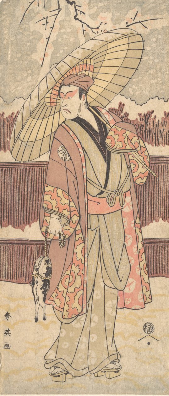 Der vierte Matsumoto Koshiro als ein Mann, der unter einem Regenschirm geht von Katsukawa Shun