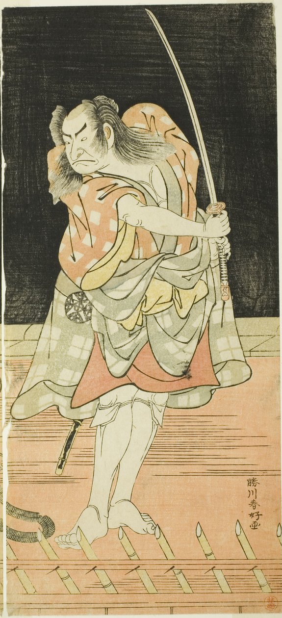 Schauspieler Nakamura Nakazō I als Danshichi Kurobei und Ichikawa Danjūrō V als Issun Tokubei in „Spiegel von Osaka im Sommerfestival“ von Katsukawa Shunkо̄
