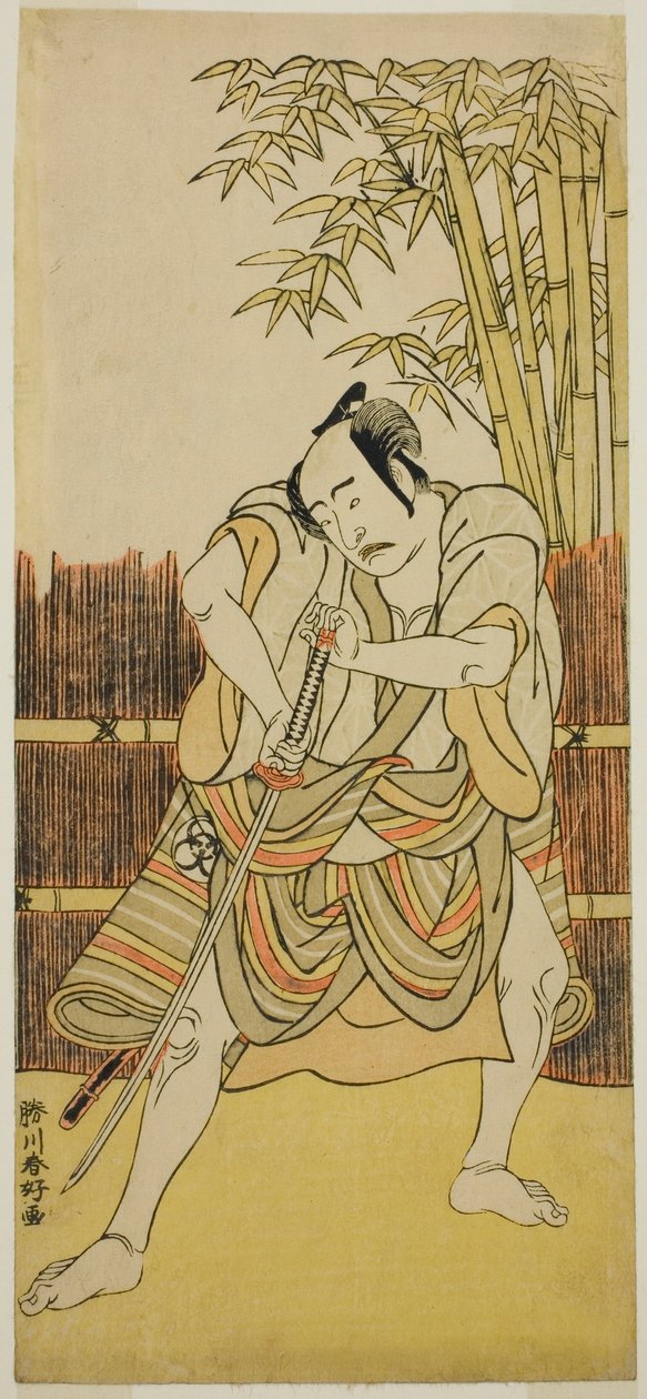 Der Schauspieler Bando Mitsugoro I als Ogata no Saburo verkleidet als Yoroya Takiemon im Stück Mure Takamatsu Yuki no Shirahata, aufgeführt im Ichimura-Theater im elften Monat, 1780 von Katsukawa Shunkо̄
