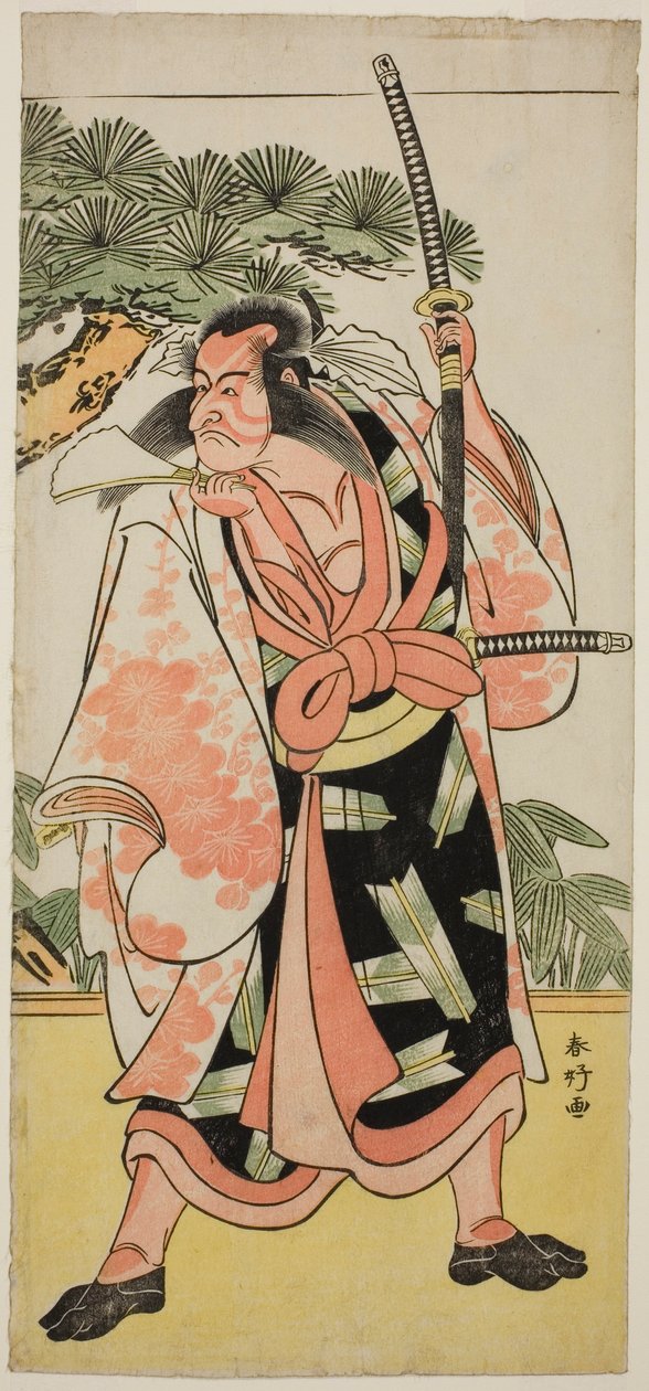 Der Schauspieler Ichikawa Danjuro V als Kajiwara Genta Kagesue im Stück Yuki Nazuna Saiwai Soga, aufgeführt im Kiri Theater im ersten Monat, 1787 von Katsukawa Shunkо̄