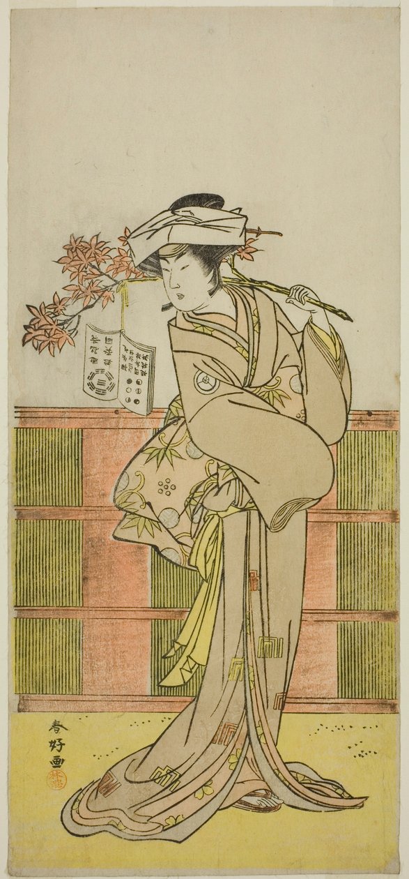 Der Schauspieler Iwai Hanshiro IV als Umegae verkleidet als die Wahrsagerin Omatsu im Stück Mukashi Otoko Yuki no Hinagata, aufgeführt im Ichimura Theater im elften Monat, 1781 von Katsukawa Shunkо̄