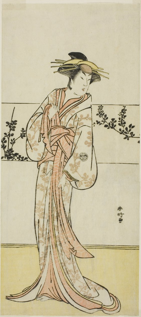 Der Schauspieler Segawa Kikunojo III, möglicherweise als Kurtisane Kojoro von Hakata, im Stück Chiyo no Hajime Ondo no Seto (Anfänge der Ewigkeit: Die Ondo-Straßen im Seto-Binnenmeer), aufgeführt im Kiri-Theater ab dem siebenundzwanzigsten Tag des Siebten von Katsukawa Shunkо̄