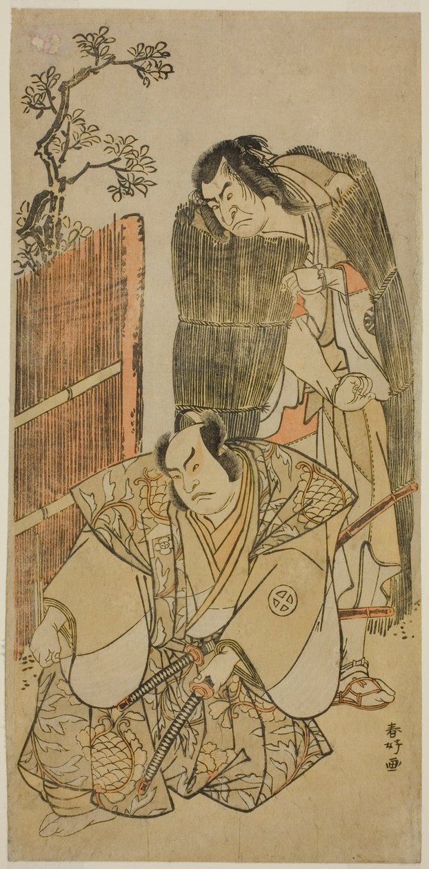 Die Schauspieler Nakamura Nakazo I als Kagekiyo verkleidet als Bettler (rechts), und Otani Hiroji III als Onio Shinzaemon (links), im Stück Kotobuki Banzei Soga, aufgeführt im Ichimura Theater im dritten Monat, 1783 von Katsukawa Shunkо̄