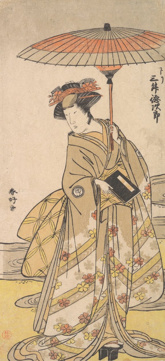 Mimasu Tokujuro als Frau, die in der Nähe eines gewundenen Baches steht, ca. 1780 von Katsukawa Shunko