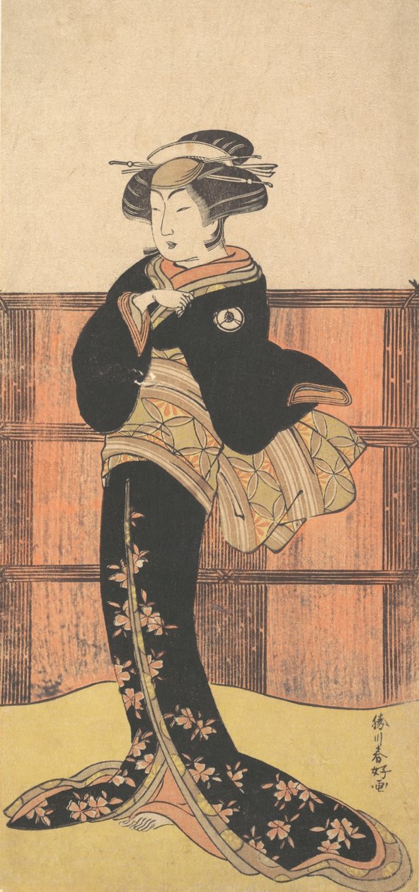 Der vierte Iwai Hanshiro als Frau in einem schwarzen Kimono, ca. 1778 von Katsukawa Shunko