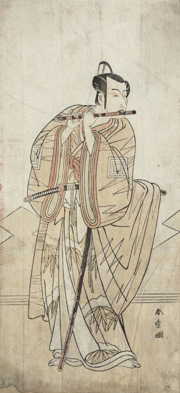 Ein Schauspieler, der eine Flöte spielt von Katsukawa Shunsho