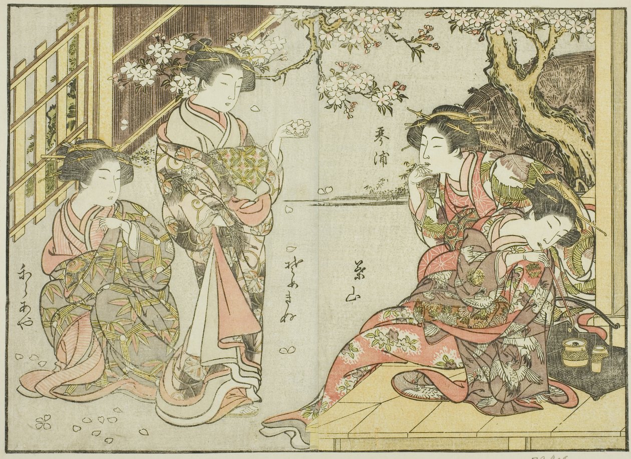 Kurtisanen des Asahimaruya, aus dem Buch Spiegel der schönen Frauen der Vergnügungsviertel (Seiro bijin awase sugata kagami), Bd. 1 von Katsukawa Shunsho
