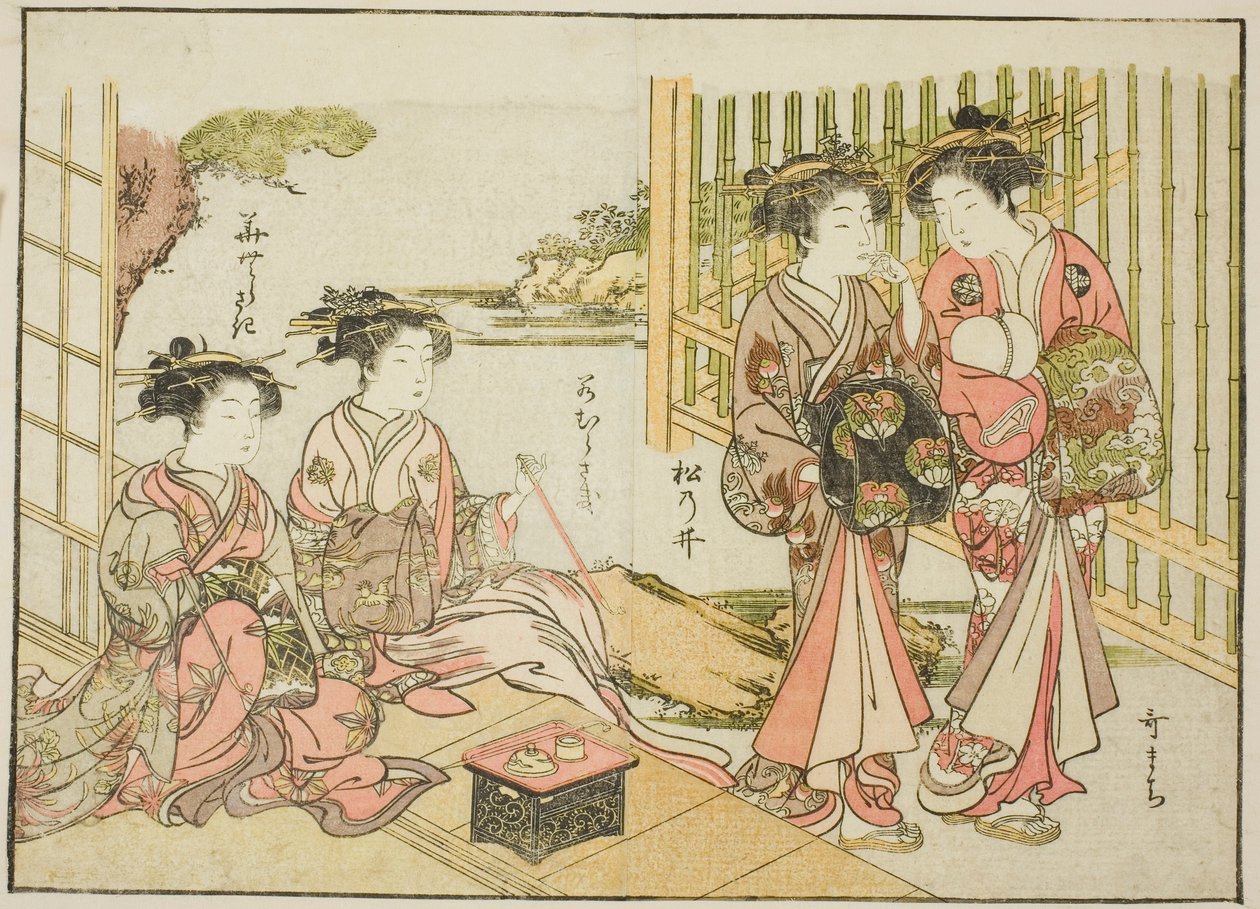 Kurtisanen des Matsubaya, aus dem Buch "Spiegel der schönen Frauen der Vergnügungsviertel (Seiro bijin awase sugata kagami)," Bd. 1 von Katsukawa Shunsho