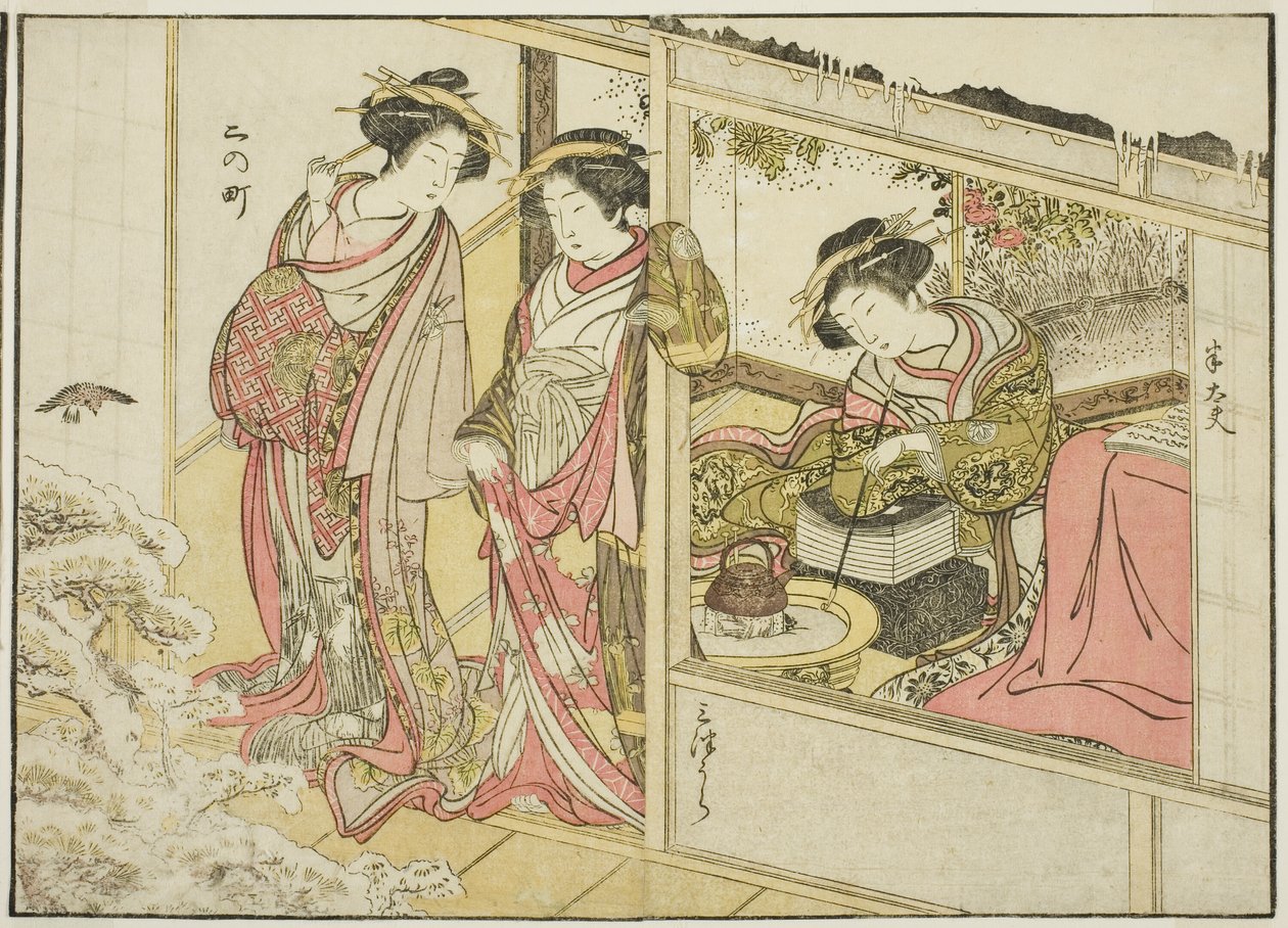 Kurtisanen von Nakaomiya, aus dem Buch „Spiegel der schönen Frauen der Vergnügungsviertel (Seiro bijin awase sugata kagami)“, Band 2 von Katsukawa Shunsho