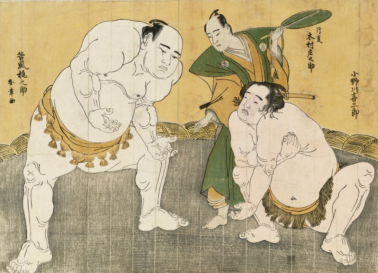 Onagawa Kisaburo und Tanikaze Kajinosuke führen den Shiriki im Dohyo auf, geleitet von Kimura Shonosuke von Katsukawa Shunsho
