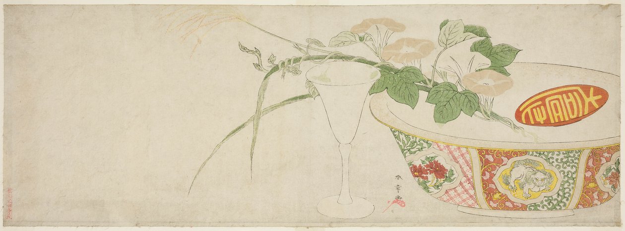 Pflanzen, Porzellanschale und Glasbecher von Katsukawa Shunsho