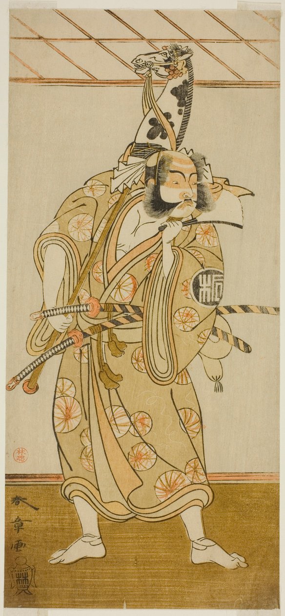 Der Schauspieler Arashi Sangoro II als Asahina Saburo im Stück Iro Maki-e Soga no Sakazuki, aufgeführt im Morita-Theater im ersten Monat, 1773 von Katsukawa Shunsho