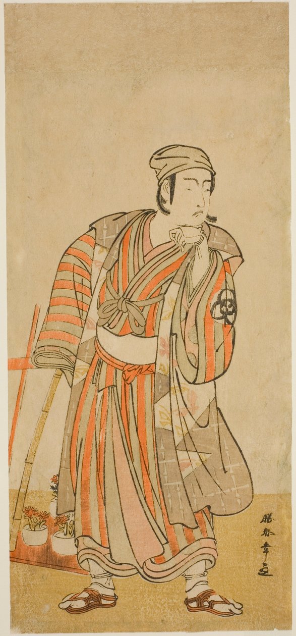 Der Schauspieler Bando Mitsugoro I als Taira no Tadamori verkleidet als Topfpflanzenverkäufer im Stück Sakuya Kono Hana no Kaomise, aufgeführt im Nakamura-Theater im elften Monat, 1776 von Katsukawa Shunsho