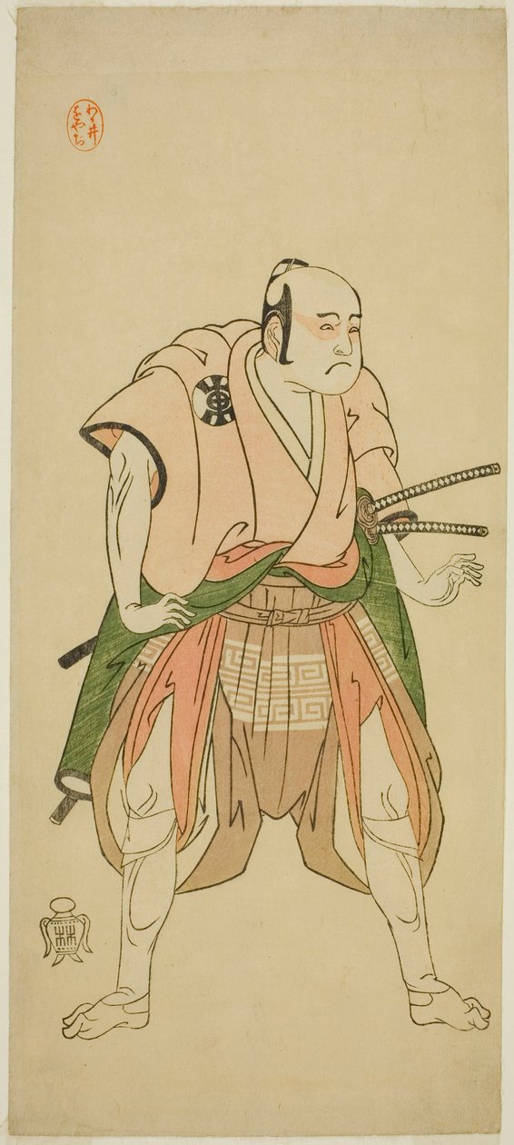 Der Schauspieler Bando Sampachi I als Yawata no Saburo (?) im Stück Shuen Soga Omugaeshi (?), aufgeführt im Ichimura Theater (?) im zweiten Monat, 1768 (?) von Katsukawa Shunsho