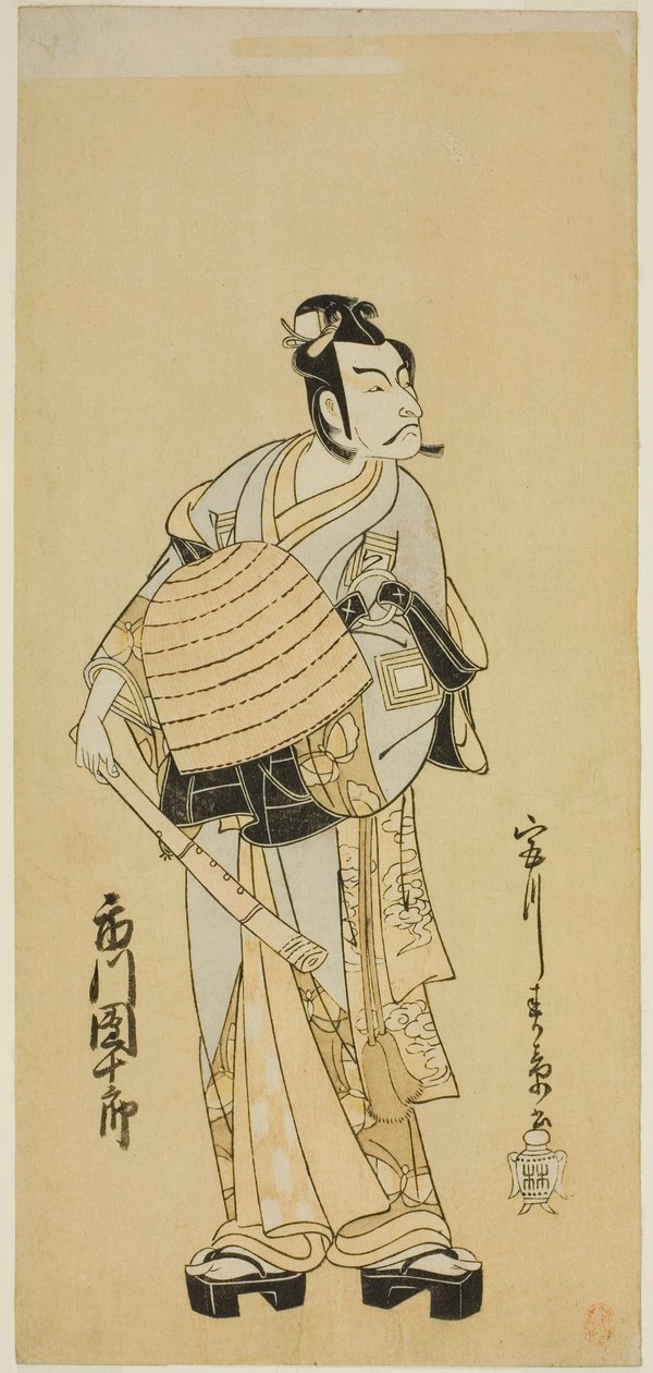 Der Schauspieler Ichikawa Danjuro V als Soga no Goro verkleidet als Komuso im Stück Sakai-cho Soga Nendaiki, aufgeführt im Nakamura-Theater im ersten Monat, 1771 von Katsukawa Shunsho