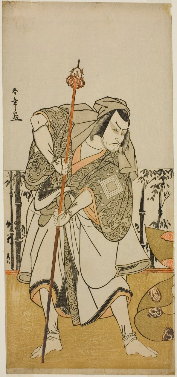 Der Schauspieler Ichikawa Danjuro V als Taira no Masakado verkleidet als Pilger Junjo im Stück Masakado Kammuri no Hatsuyuki, aufgeführt im Nakamura-Theater im elften Monat, 1777 von Katsukawa Shunsho