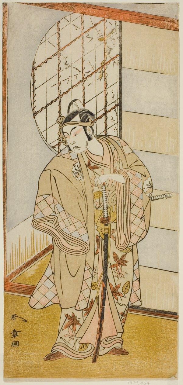 Der Schauspieler Matsumoto Koshiro IV als Matsuo-maru im Stück Sugawara Denju Tenarai Kagami, aufgeführt im Nakamura-Theater im neunten Monat, 1773 von Katsukawa Shunsho