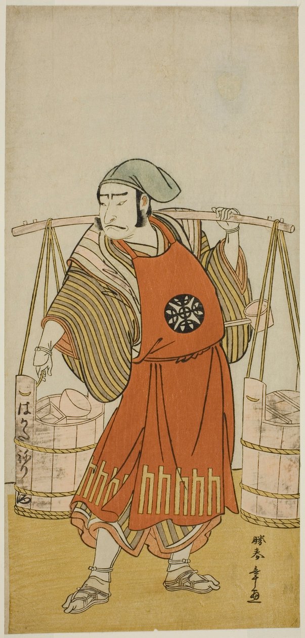 Der Schauspieler Nakamura Nakazo I als Nagasaki Kageyuzaemon verkleidet als Gorohachi der Sake-Verkäufer, im Stück Hikitsurete Yagoe Taiheiki, aufgeführt im Morita-Theater im elften Monat, 1776 von Katsukawa Shunsho