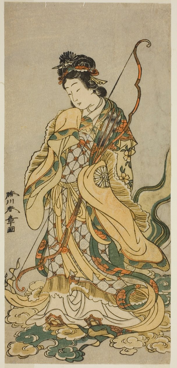 Der Schauspieler Nakamura Noshio I als Göttin Benzaiten von Enoshima im Stück Onno Aruji Hatsuyuki no Sekai, aufgeführt im Morita-Theater im elften Monat, 1773 von Katsukawa Shunsho