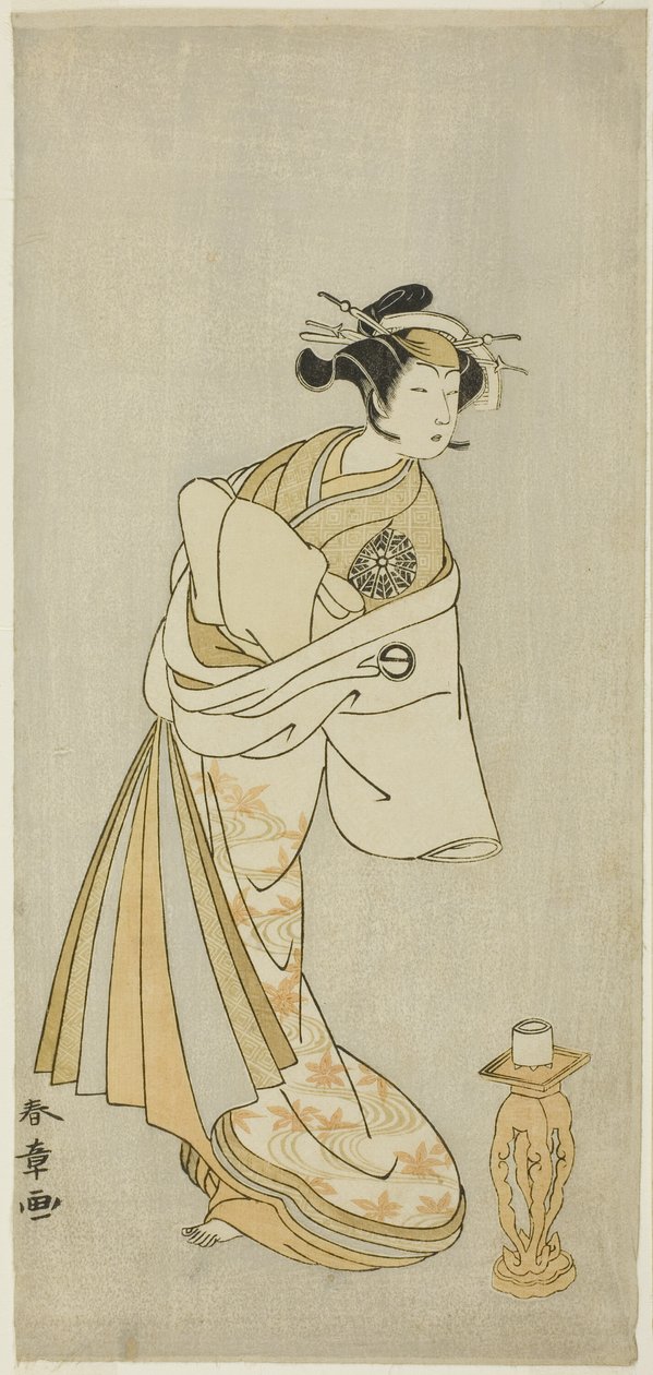 Der Schauspieler Nakamura Noshio I als Geist der Kurtisane Takao, in der Shosagoto-Tanzsequenz "Sono Utsushi-e Matsu ni Kaede" (Ein Schattenspiel von Kiefer und Ahorn), die letzte Szene des zweiten Teils des Stücks Keisei Momiji no Uchikake (Kurtisane in e von Katsukawa Shunsho