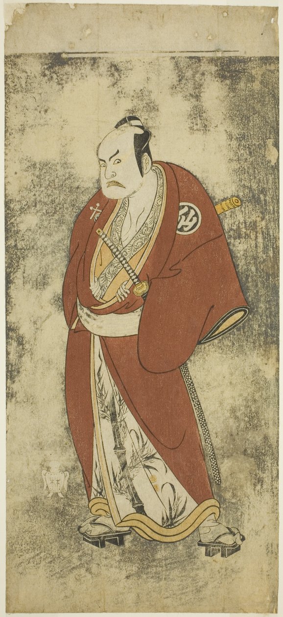 Der Schauspieler Nakamura Sukegoro II als Kaminari Shokuro im Joruri "Gonin Otoko" (Fünf ritterliche Bürger), gespielt als ein Akt im Ayatsuri Kabuki Ogi (Meisterschaft des Fächers im Kabuki), aufgeführt im Nakamura Theater ab dem zwanzigsten Tag des siebt von Katsukawa Shunsho