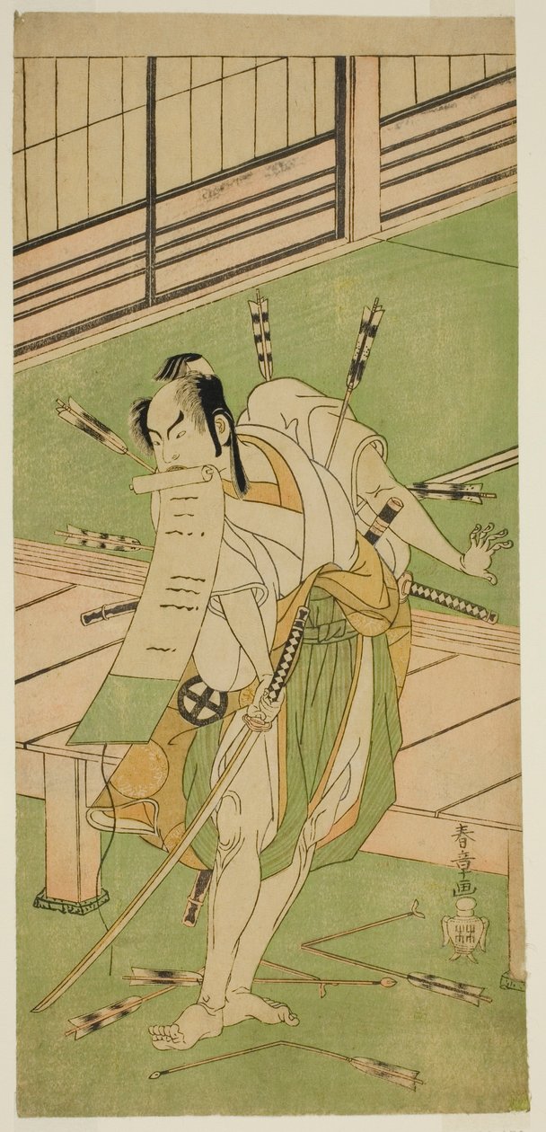 Der Schauspieler Otani Hiroji III als Weißer Fuchs verkleidet als Ukishima Daihachi im Stück Shinasadame Soma no Mombi, aufgeführt im Ichimura Theater im siebten Monat, 1770 von Katsukawa Shunsho