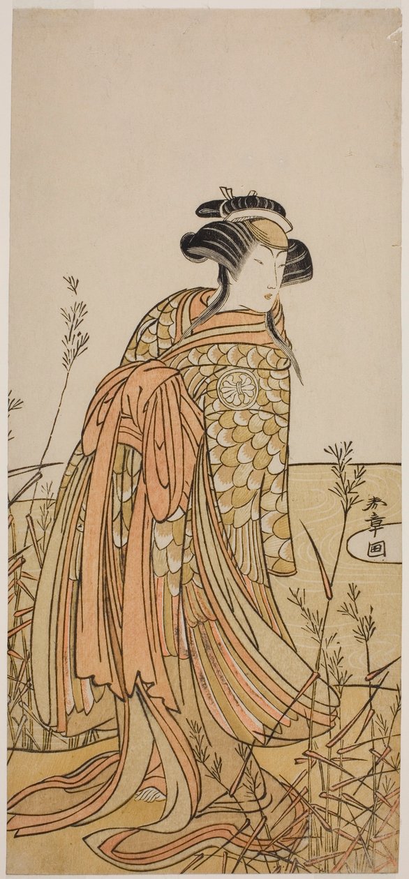 Der Schauspieler Segawa Kikunojo III als Geist einer Mandarinente (Oshidori) verkleidet als Tagasode, im Stück Hana-zumo Genji Hiiki, aufgeführt im Nakamura-Theater im elften Monat, 1775 von Katsukawa Shunsho