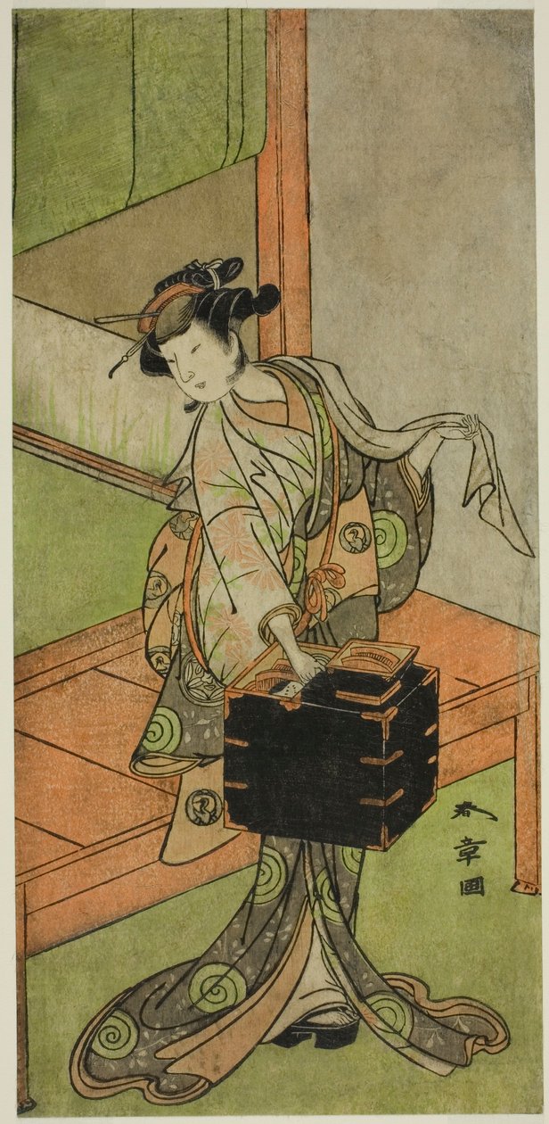 Der Schauspieler Yamashita Kinsaku II als Miyagino verkleidet als Friseur im Stück Kosode-gura no Tekubari, aufgeführt im Morita Theater im zweiten Monat, 1772 (?) von Katsukawa Shunsho
