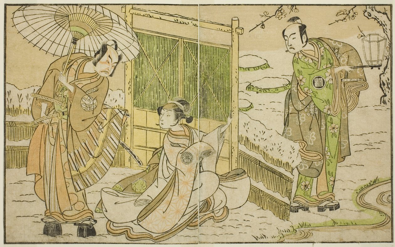 Die Schauspieler Arashi Sangoro II als Minamoto no Yoritomo (rechts), Segawa Kikunojo II als Yuki Onna (Mitte) und Ichimura Uzaemon IX als Kajiwara Genta no Kagetoki, im Stück Myoto-giku Izu no Kisewata, aufgeführt im Ichimura Theater im elften Monat von Katsukawa Shunsho