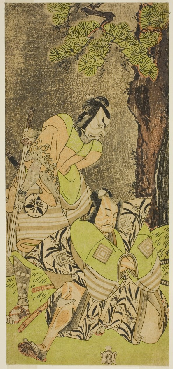 Die Schauspieler Ichikawa Danzo III als I no Hayata Tadazumi (rechts) und Matsumoto Koshiro II als Osada no Taro Kagemune (links) im Stück Nue no Mori Ichiyo no Mato, aufgeführt im Nakamura Theater im elften Monat, 1770 von Katsukawa Shunsho