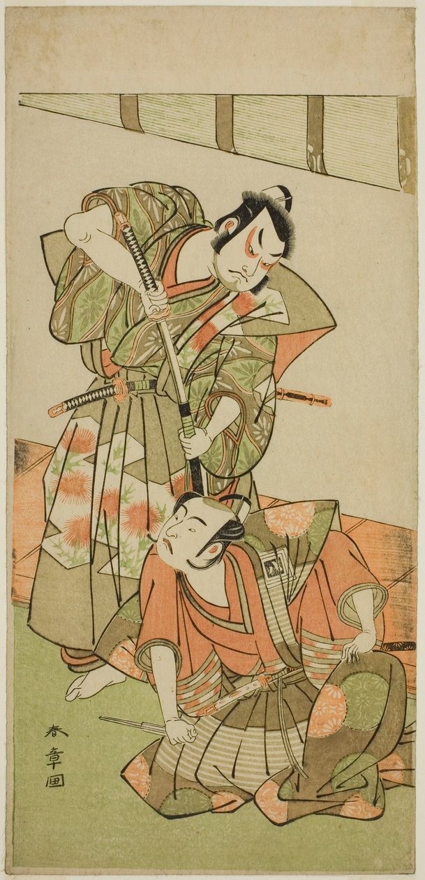 Die Schauspieler Ichikawa Yaozo II als Konoshita Hyokichi (?) (rechts) und Sakata Hangoro II als Matsunaga Daizen Hisahide (?) (links) im Stück Gion Sairei Shinko Ki (?), aufgeführt im Ichimura Theater (?) im fünften Monat, 1775 (?) von Katsukawa Shunsho