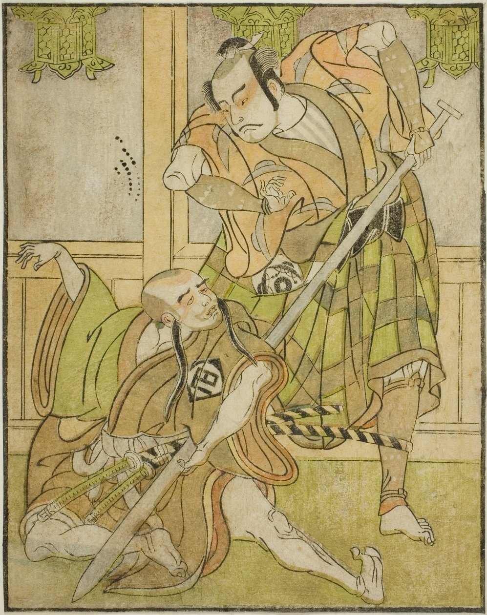 Die Schauspieler Kasaya Matakuro II als Nobuyori verkleidet als der Yakko Gunnai (rechts) und Miyazaki Hachizo als der Laienmönch Hambyo Nyudo (links), im Stück Nue no Mori Ichiyo no Mato, aufgeführt im Nakamura-Theater im elften Monat, 1770 von Katsukawa Shunsho