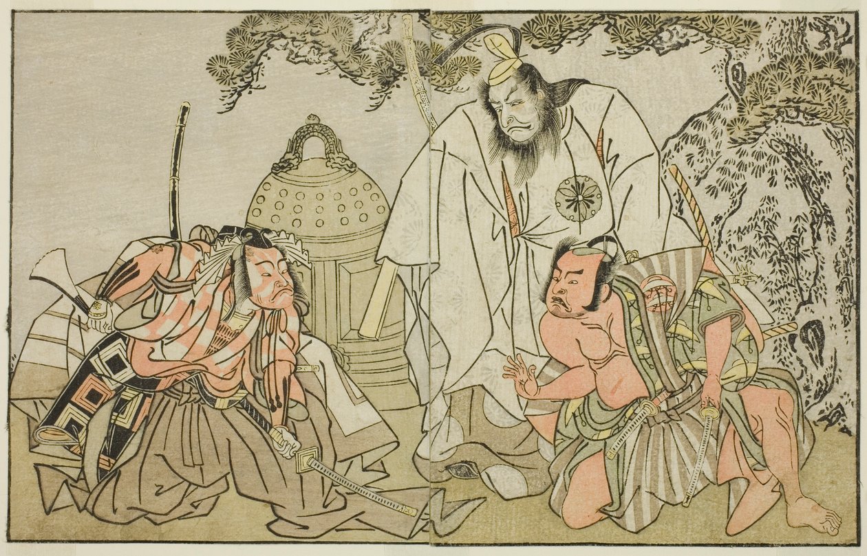 Die Schauspieler Nakajima Mihoemon II als Aramaki Mimishiro (rechts), Matsumoto Koshiro II als Otomo no Yamanushi (Mitte) und Ichikawa Danzo III als Hannya no Goro (links), im Stück Kuni no Hana Ono no Itsumoji, aufgeführt im Nakamura-Theater im elften Mon von Katsukawa Shunsho