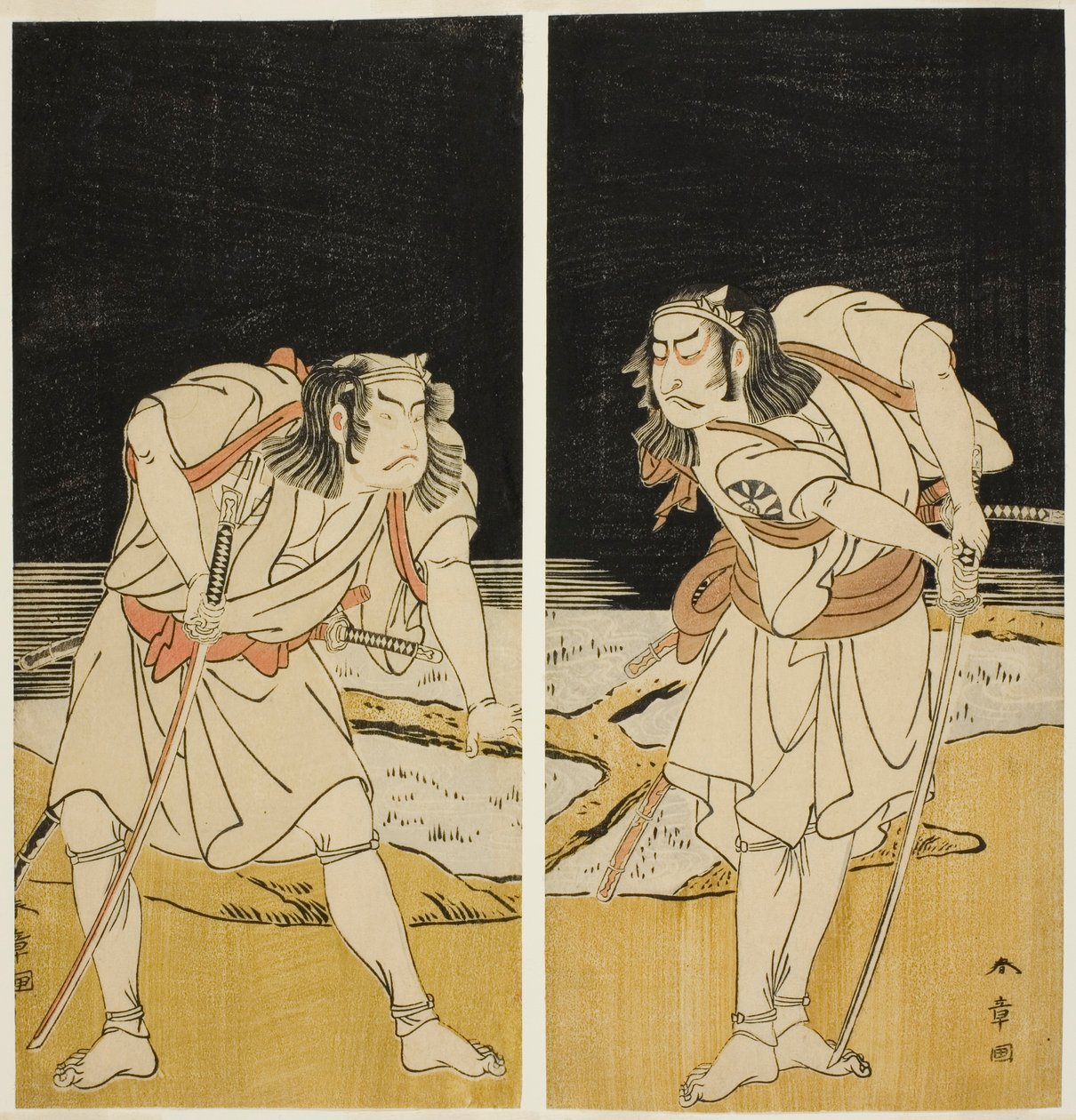 Die Schauspieler Nakamura Nakazo I als Omi no Kotoda (rechts) und Otani Hiroji III als Bamba no Chuda (links) im Joruri "Sono Chidori Yowa no Kamisuki" (Die Regenpfeifer: Haare kämmen um Mitternacht), aus Teil Zwei des Stücks O-atsurae-zome Soga no Hinagat von Katsukawa Shunsho