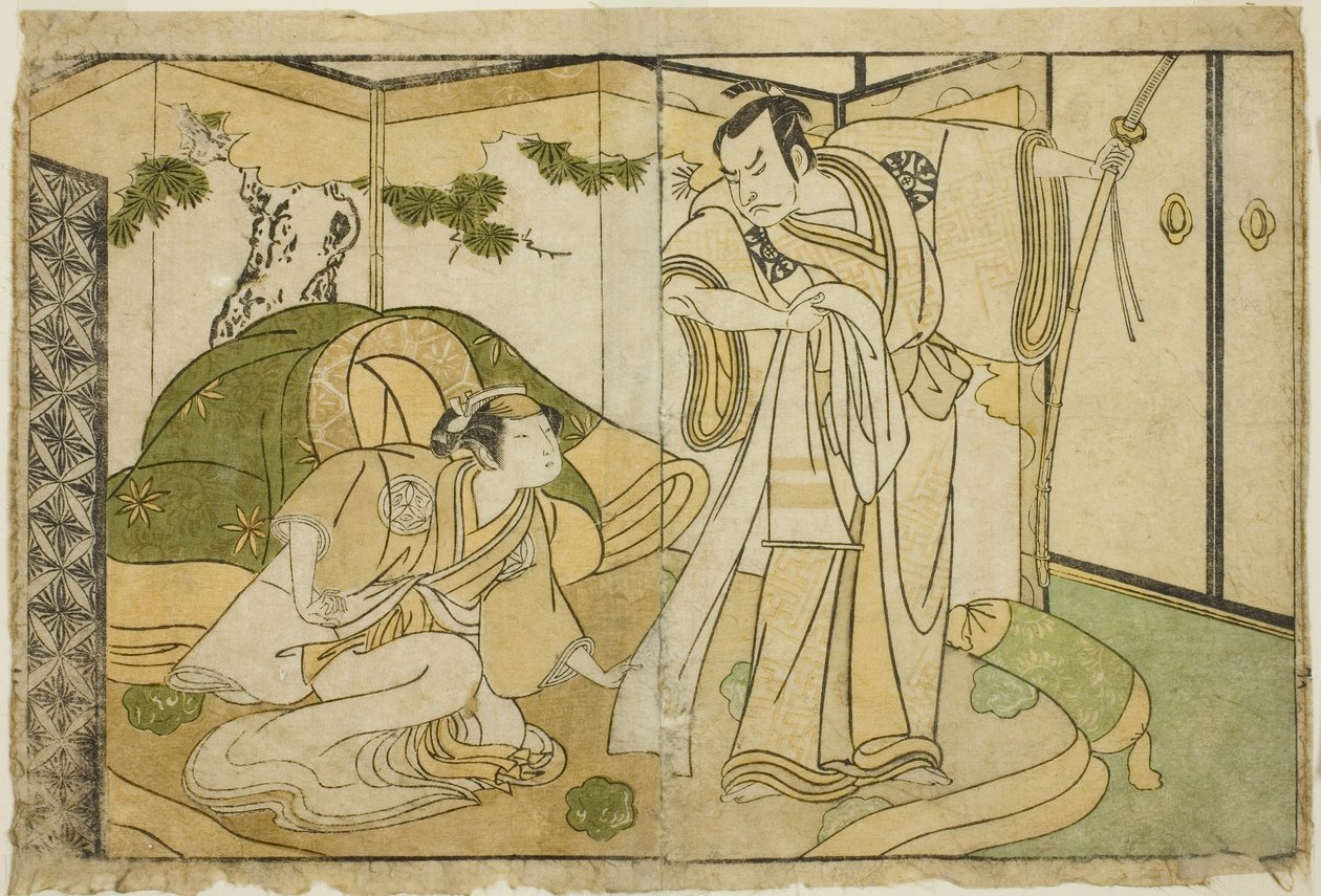 Die Schauspieler Nakamura Nakazo I als Taira no Kiyomori (rechts) und Yamashita Kinsaku II als Tokiwa Gozen (links), im Stück Nue no Mori Ichiyo no Mato, aufgeführt im Nakamura-Theater im elften Monat, 1770 von Katsukawa Shunsho