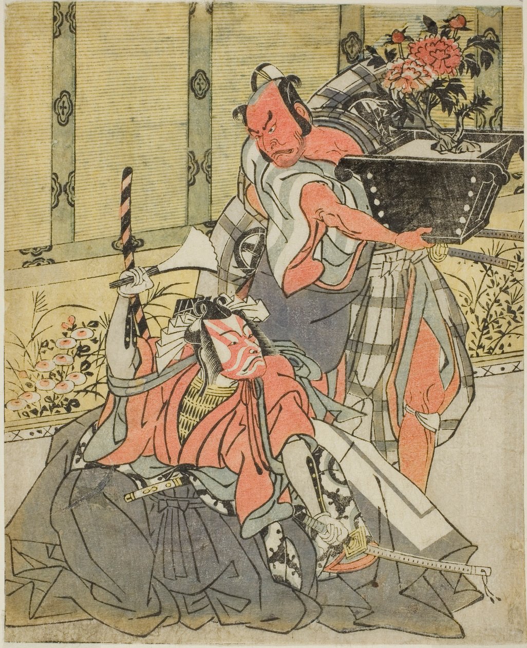 Die Schauspieler Otani Hiroemon III als Shinagawa Okaminosuke (rechts) und Ichikawa Danjuro V als Arashishi Otokonosuke (links), im Stück Fuki Kaete Tsuki mo Yoshiwara von Katsukawa Shunsho