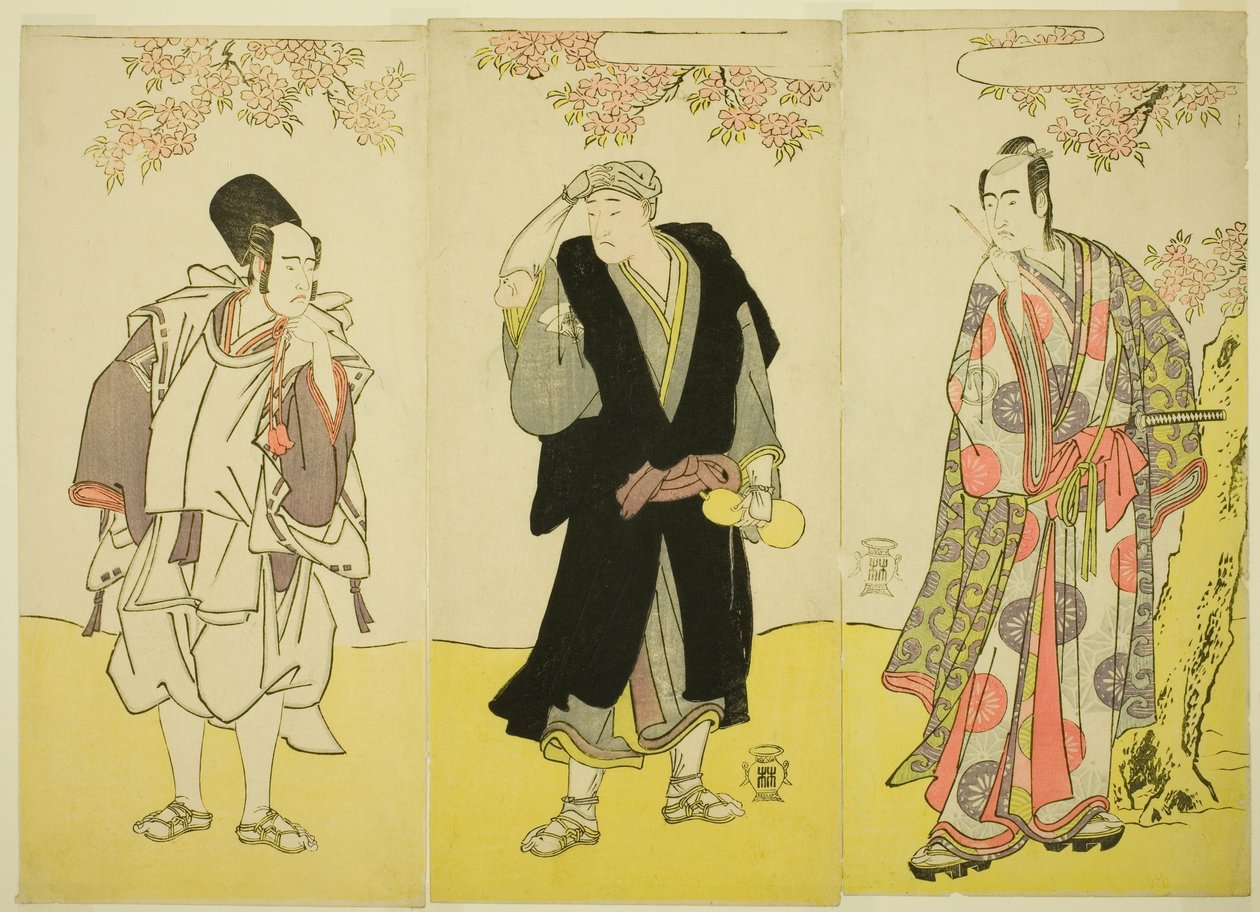 Die Schauspieler Sawamura Sojuro III als Kusunoki Tatewaki Masatsura (rechts), Onoe Matsusuke I als der Mönch Sahei Bozu (Mitte) und Ichikawa Yaozo III als der Diener des Prinzen Kusunoki Uraminosuke (links), im Stück Kumoi no Hana Yoshino no Wakamusha, au von Katsukawa Shunsho