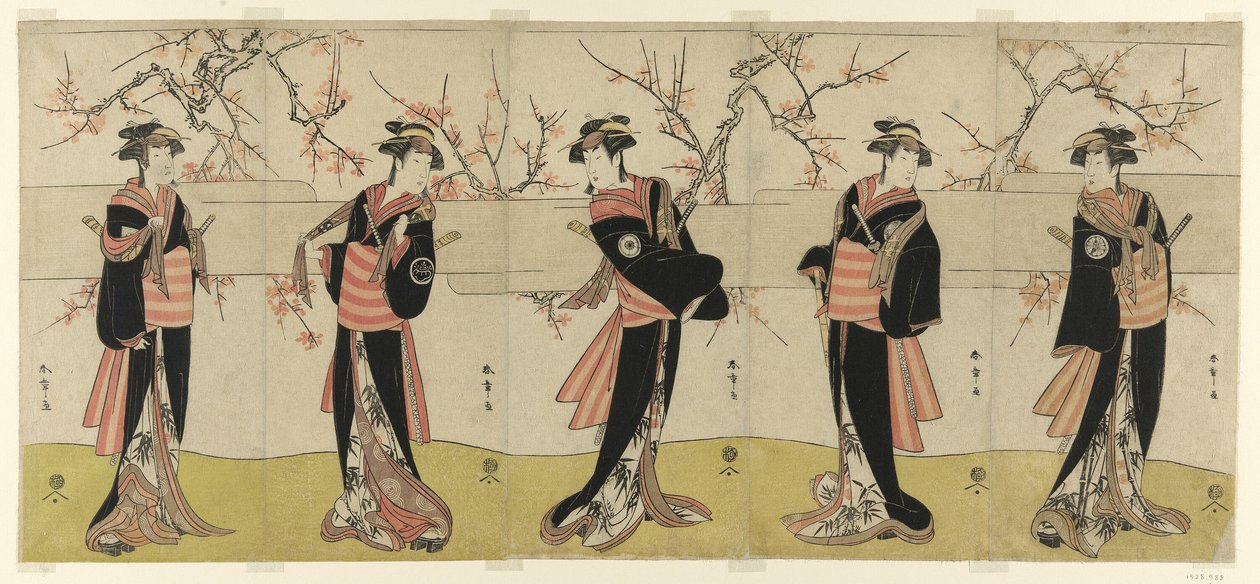 Die Schauspieler Segawa Kikunojo III als Karigane Obun, Nakayama Tomisaburo I als An no Oyasu, Iwai Kiyotaro II als Kaminari no Osha, Nakayama Tatezo I als Gokuin no Osen und Ichikawa Monnosuke II als Hotei no Oichi (von rechts nach links), in "Gonin Onna, von Katsukawa Shunsho