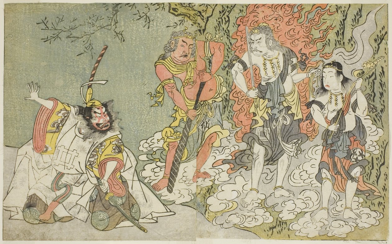 Das Stück Fuki Kaete Tsuki mo Yoshiwara, aufgeführt im Morita-Theater im elften Monat, ca. 1771-72 von Katsukawa Shunsho